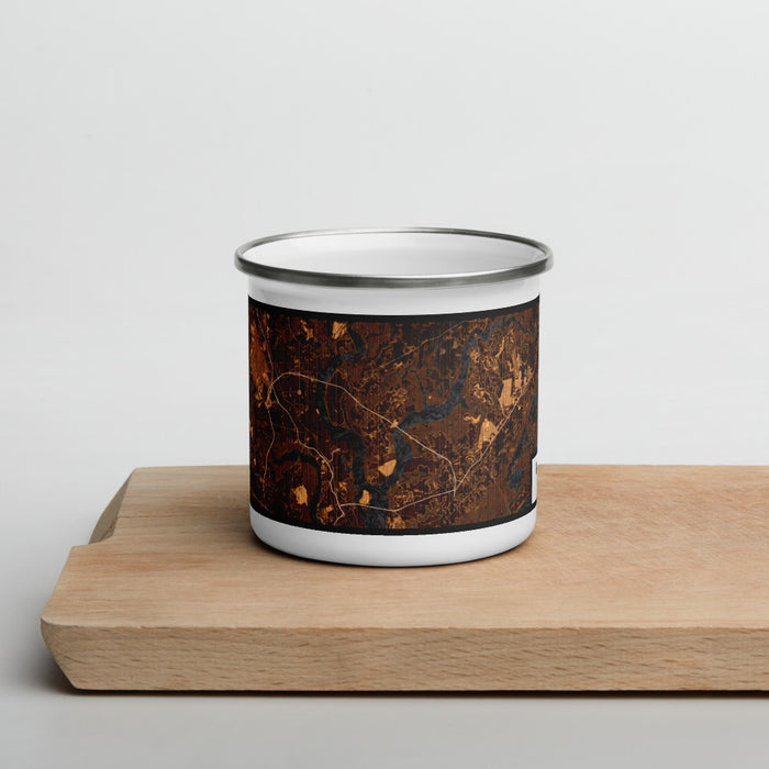Front View Custom Daniel Island South Carolina Map Enamel Mug in Ember on Cutting Board