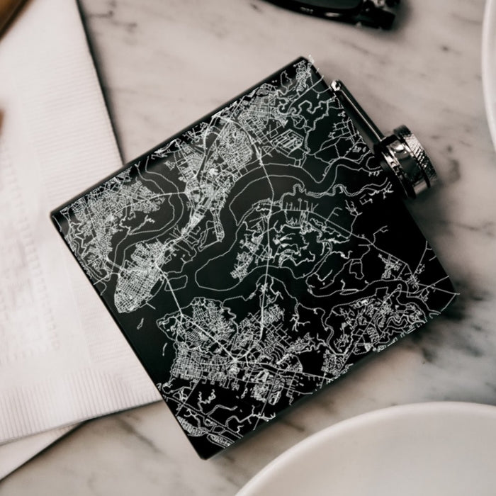 Daniel Island South Carolina Custom City Map Inscription Coordinates on 6oz Stainless Steel Flask in Black