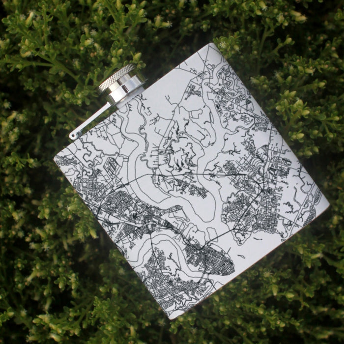 Daniel Island South Carolina Custom City Map Inscription Coordinates on 6oz Stainless Steel Flask in White
