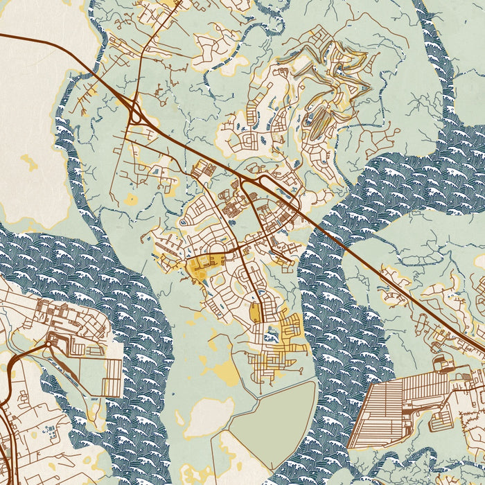 Daniel Island South Carolina Map Print in Woodblock Style Zoomed In Close Up Showing Details