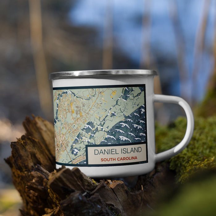 Right View Custom Daniel Island South Carolina Map Enamel Mug in Woodblock on Grass With Trees in Background