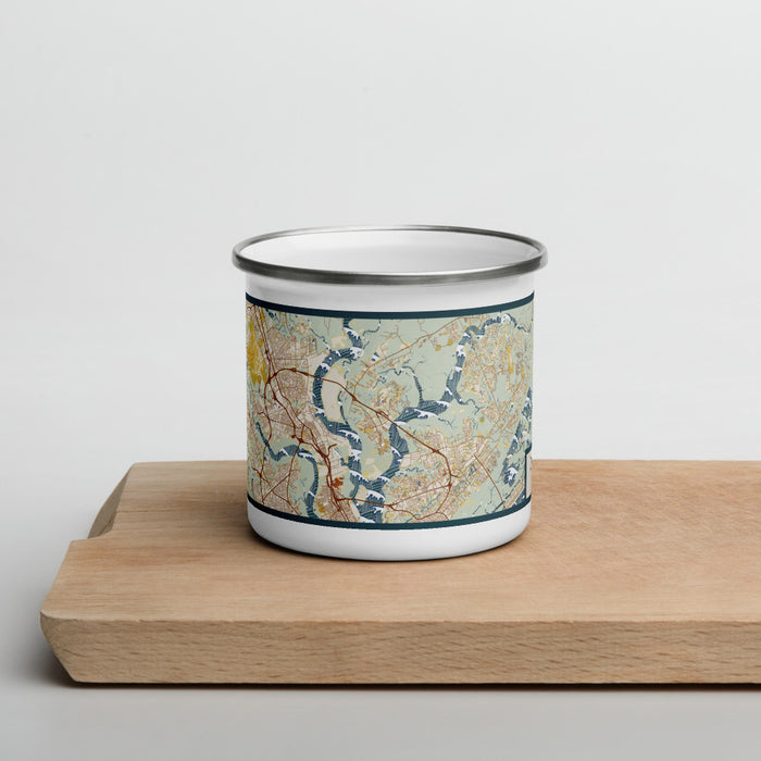 Front View Custom Daniel Island South Carolina Map Enamel Mug in Woodblock on Cutting Board