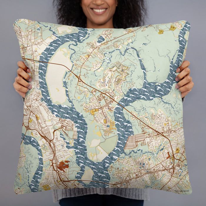Person holding 22x22 Custom Daniel Island South Carolina Map Throw Pillow in Woodblock