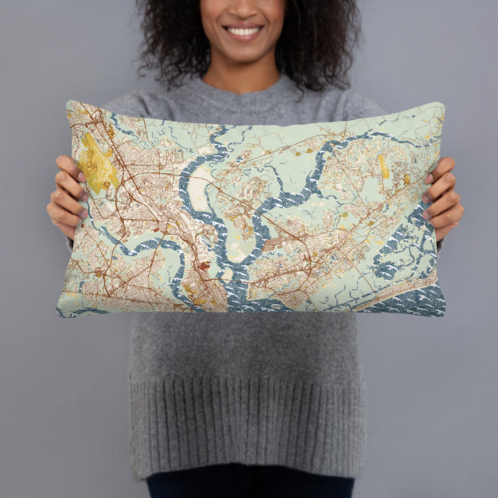 Person holding 20x12 Custom Daniel Island South Carolina Map Throw Pillow in Woodblock