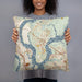 Person holding 18x18 Custom Daniel Island South Carolina Map Throw Pillow in Woodblock