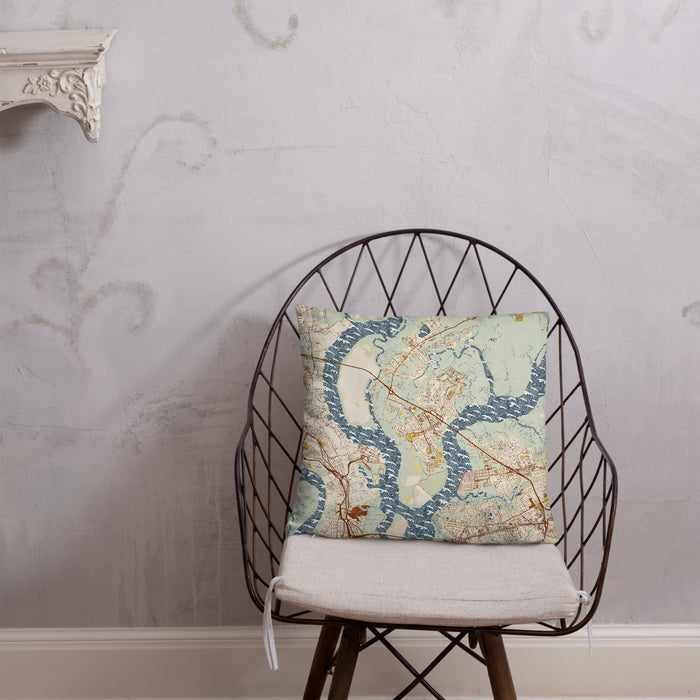 Custom Daniel Island South Carolina Map Throw Pillow in Woodblock on Cream Colored Couch