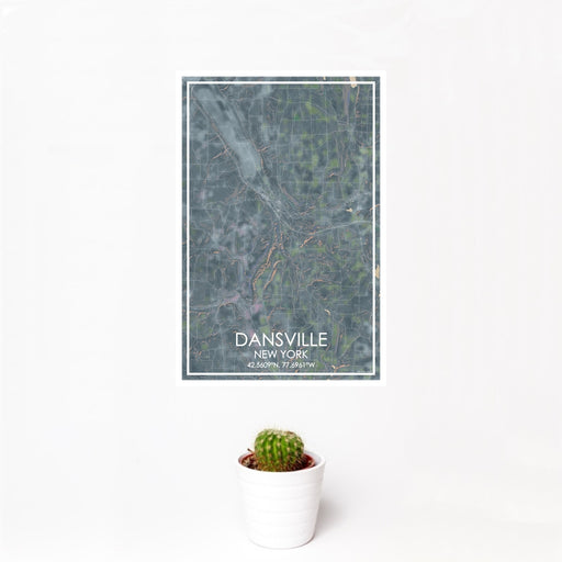 12x18 Dansville New York Map Print Portrait Orientation in Afternoon Style With Small Cactus Plant in White Planter