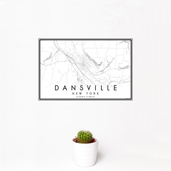 12x18 Dansville New York Map Print Landscape Orientation in Classic Style With Small Cactus Plant in White Planter