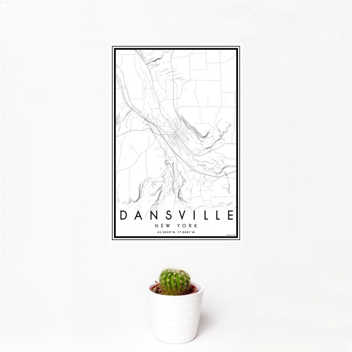 12x18 Dansville New York Map Print Portrait Orientation in Classic Style With Small Cactus Plant in White Planter