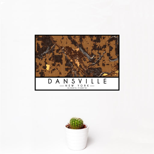 12x18 Dansville New York Map Print Landscape Orientation in Ember Style With Small Cactus Plant in White Planter