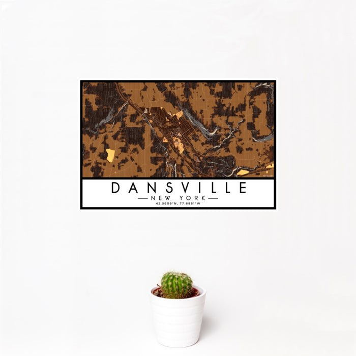 12x18 Dansville New York Map Print Landscape Orientation in Ember Style With Small Cactus Plant in White Planter