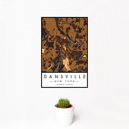 12x18 Dansville New York Map Print Portrait Orientation in Ember Style With Small Cactus Plant in White Planter