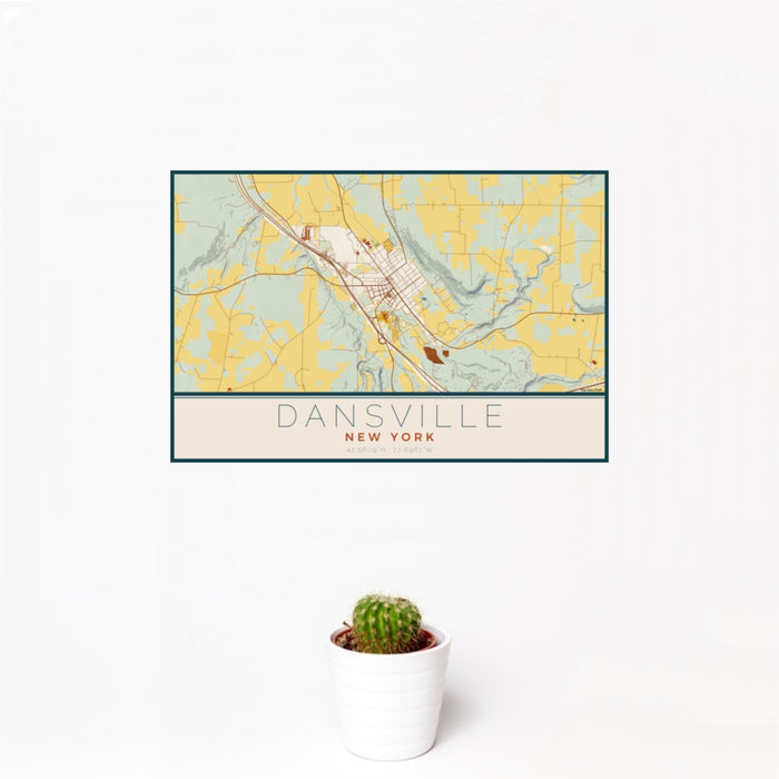 12x18 Dansville New York Map Print Landscape Orientation in Woodblock Style With Small Cactus Plant in White Planter