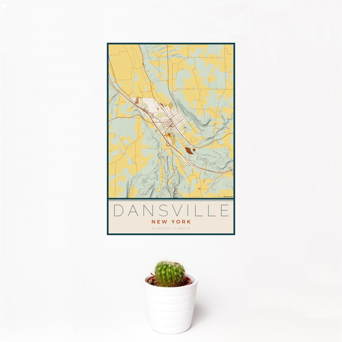 12x18 Dansville New York Map Print Portrait Orientation in Woodblock Style With Small Cactus Plant in White Planter