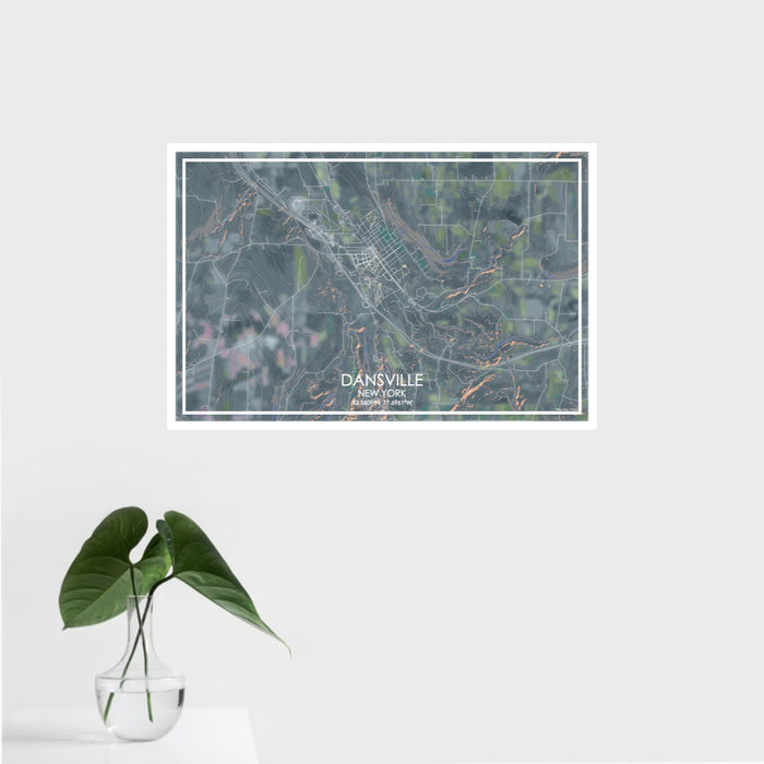 16x24 Dansville New York Map Print Landscape Orientation in Afternoon Style With Tropical Plant Leaves in Water