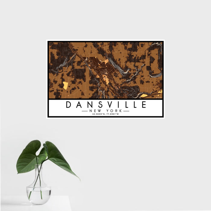 16x24 Dansville New York Map Print Landscape Orientation in Ember Style With Tropical Plant Leaves in Water