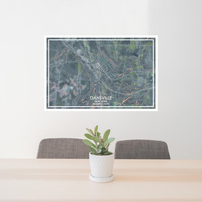 24x36 Dansville New York Map Print Lanscape Orientation in Afternoon Style Behind 2 Chairs Table and Potted Plant