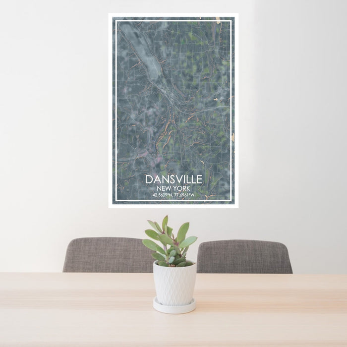 24x36 Dansville New York Map Print Portrait Orientation in Afternoon Style Behind 2 Chairs Table and Potted Plant