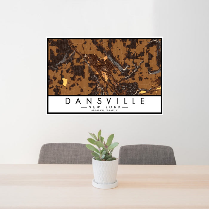 24x36 Dansville New York Map Print Lanscape Orientation in Ember Style Behind 2 Chairs Table and Potted Plant