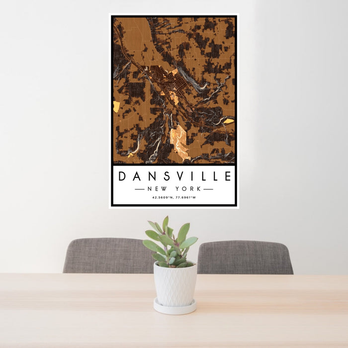 24x36 Dansville New York Map Print Portrait Orientation in Ember Style Behind 2 Chairs Table and Potted Plant