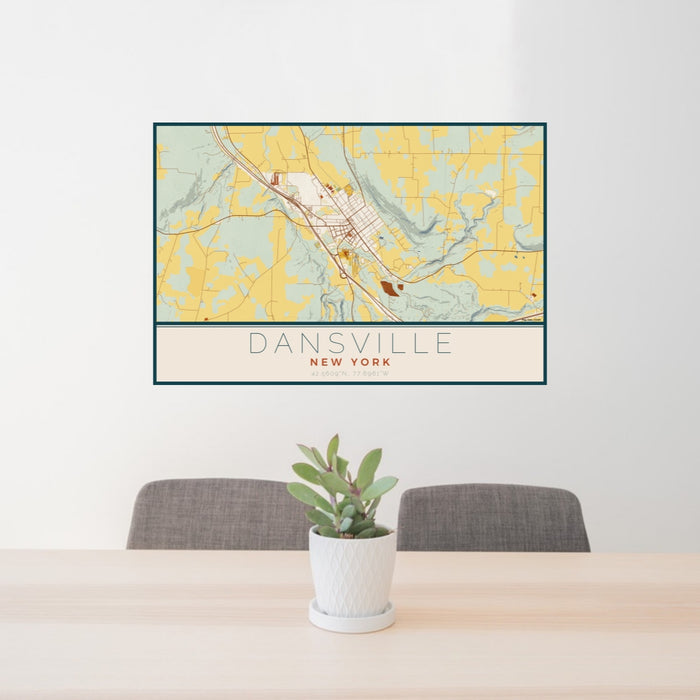 24x36 Dansville New York Map Print Lanscape Orientation in Woodblock Style Behind 2 Chairs Table and Potted Plant