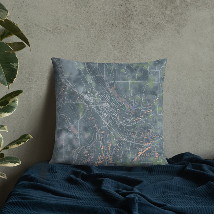 Custom Dansville New York Map Throw Pillow in Afternoon on Bedding Against Wall