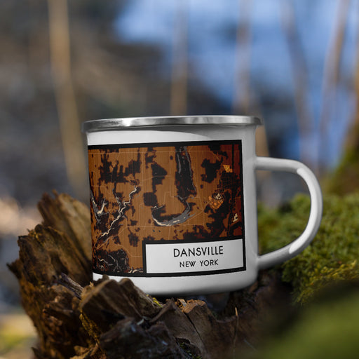 Right View Custom Dansville New York Map Enamel Mug in Ember on Grass With Trees in Background