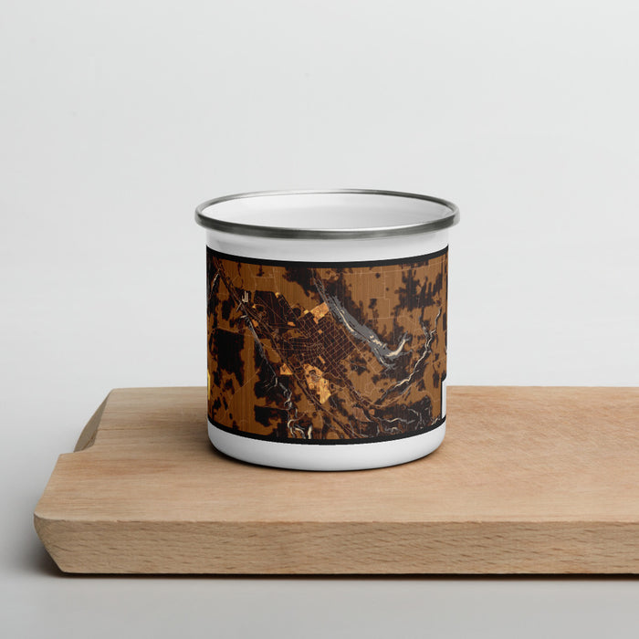 Front View Custom Dansville New York Map Enamel Mug in Ember on Cutting Board