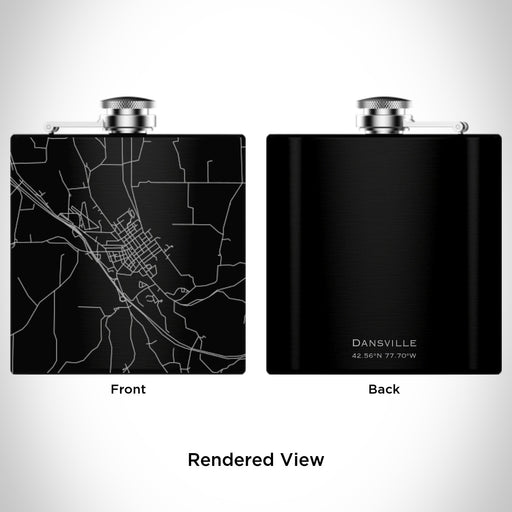 Rendered View of Dansville New York Map Engraving on 6oz Stainless Steel Flask in Black