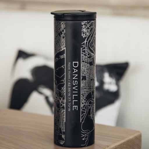 Dansville New York Custom Engraved City Map Inscription Coordinates on 17oz Stainless Steel Insulated Tumbler in Black