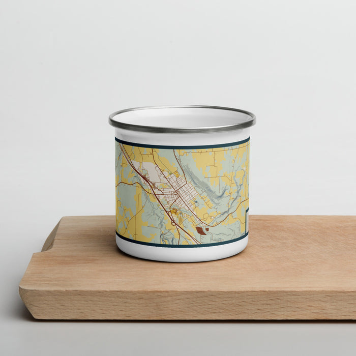 Front View Custom Dansville New York Map Enamel Mug in Woodblock on Cutting Board