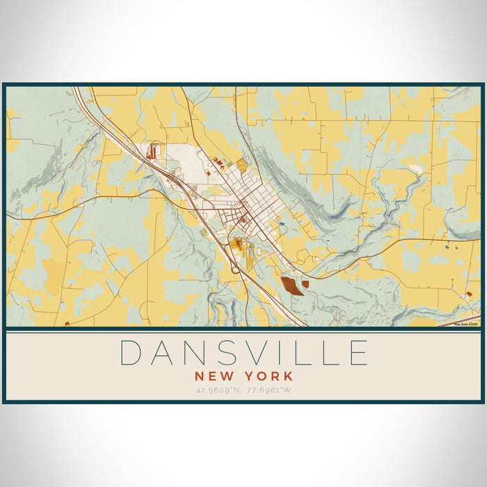 Dansville New York Map Print Landscape Orientation in Woodblock Style With Shaded Background