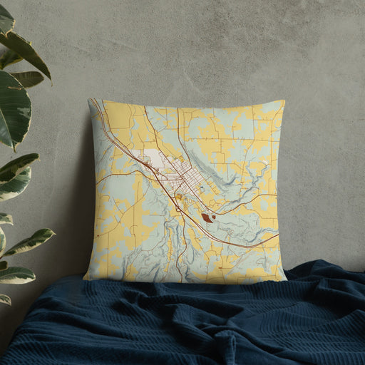 Custom Dansville New York Map Throw Pillow in Woodblock on Bedding Against Wall