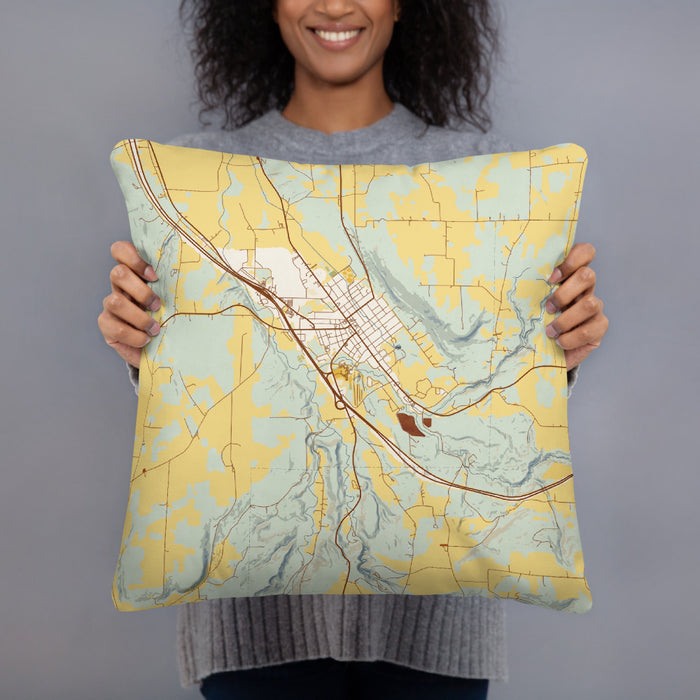 Person holding 18x18 Custom Dansville New York Map Throw Pillow in Woodblock