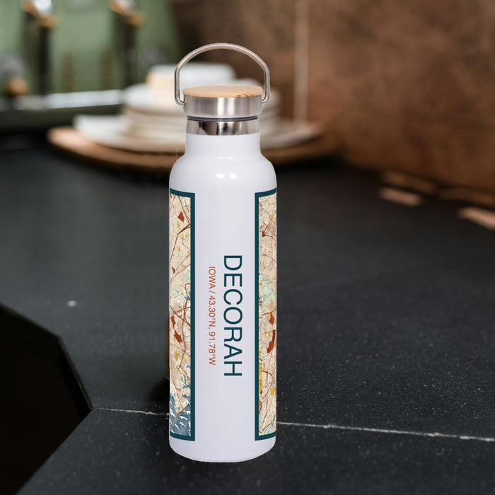 Decorah Iowa Custom City Map Inscription Coordinates on 20oz Stainless Steel Insulated Bottle with Bamboo Top with printed woodblock style map