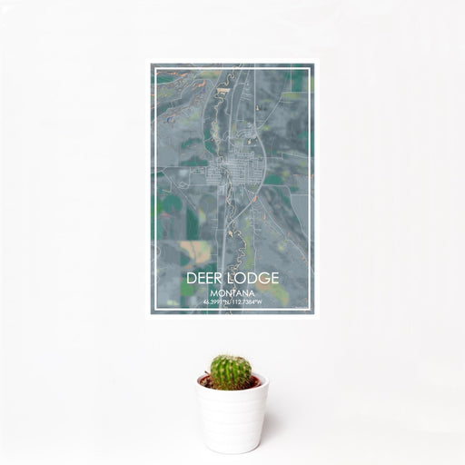 12x18 Deer Lodge Montana Map Print Portrait Orientation in Afternoon Style With Small Cactus Plant in White Planter