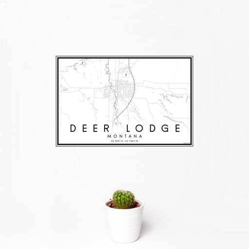 12x18 Deer Lodge Montana Map Print Landscape Orientation in Classic Style With Small Cactus Plant in White Planter
