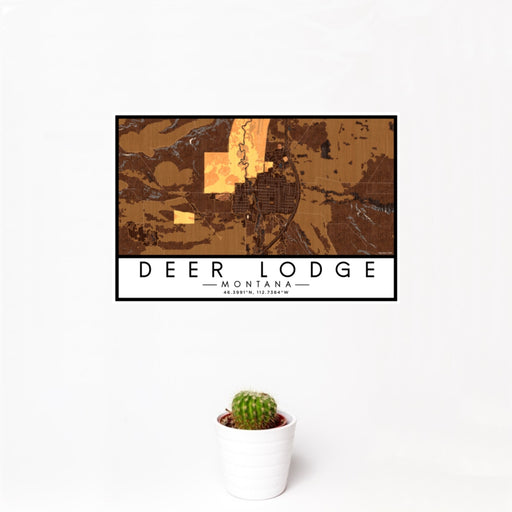 12x18 Deer Lodge Montana Map Print Landscape Orientation in Ember Style With Small Cactus Plant in White Planter