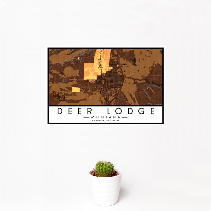 12x18 Deer Lodge Montana Map Print Landscape Orientation in Ember Style With Small Cactus Plant in White Planter