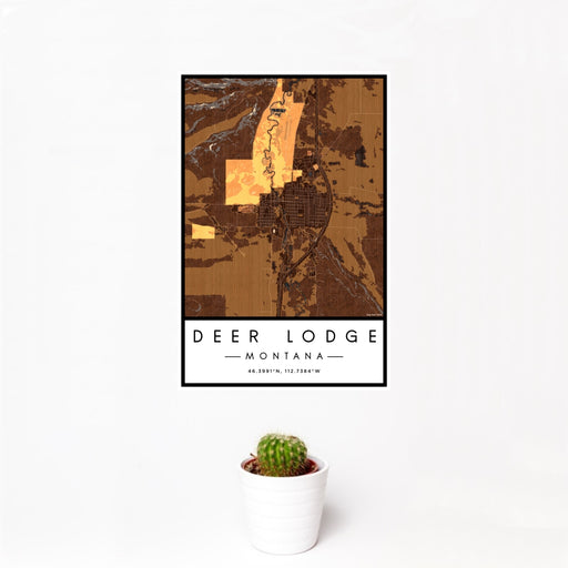 12x18 Deer Lodge Montana Map Print Portrait Orientation in Ember Style With Small Cactus Plant in White Planter