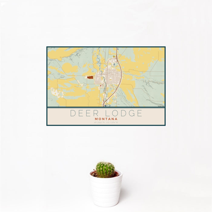 12x18 Deer Lodge Montana Map Print Landscape Orientation in Woodblock Style With Small Cactus Plant in White Planter