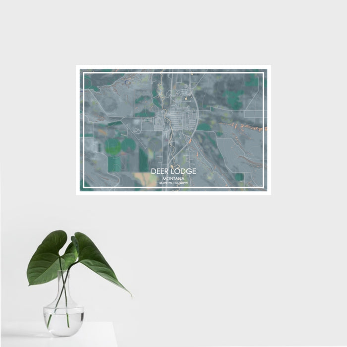 16x24 Deer Lodge Montana Map Print Landscape Orientation in Afternoon Style With Tropical Plant Leaves in Water