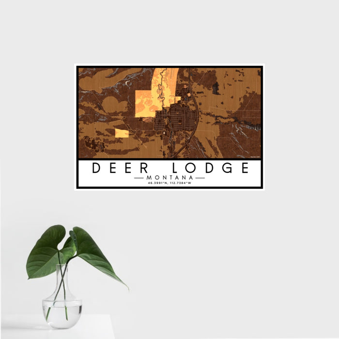 16x24 Deer Lodge Montana Map Print Landscape Orientation in Ember Style With Tropical Plant Leaves in Water