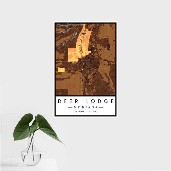 16x24 Deer Lodge Montana Map Print Portrait Orientation in Ember Style With Tropical Plant Leaves in Water