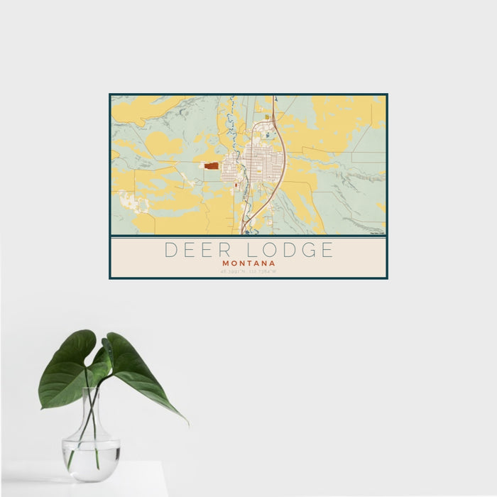 16x24 Deer Lodge Montana Map Print Landscape Orientation in Woodblock Style With Tropical Plant Leaves in Water