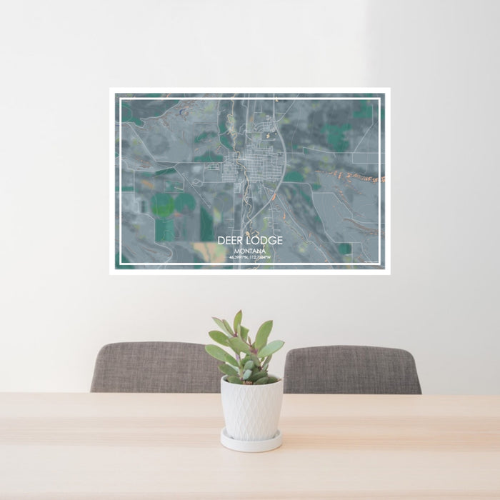 24x36 Deer Lodge Montana Map Print Lanscape Orientation in Afternoon Style Behind 2 Chairs Table and Potted Plant