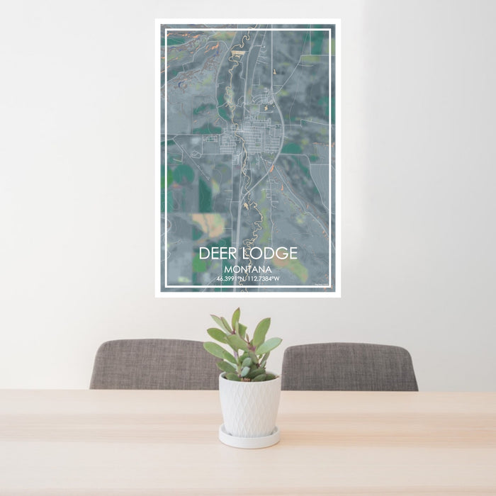 24x36 Deer Lodge Montana Map Print Portrait Orientation in Afternoon Style Behind 2 Chairs Table and Potted Plant