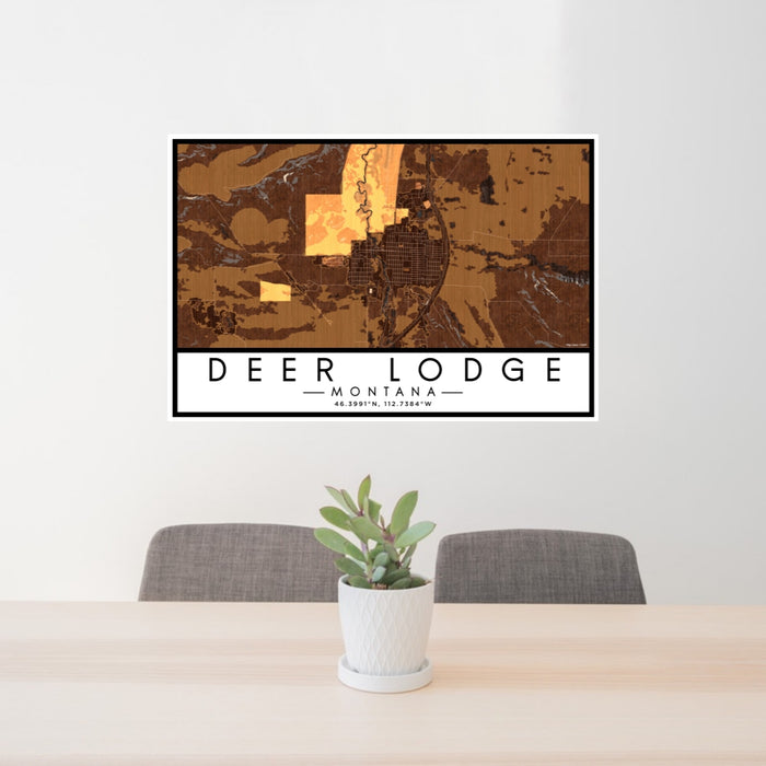 24x36 Deer Lodge Montana Map Print Lanscape Orientation in Ember Style Behind 2 Chairs Table and Potted Plant