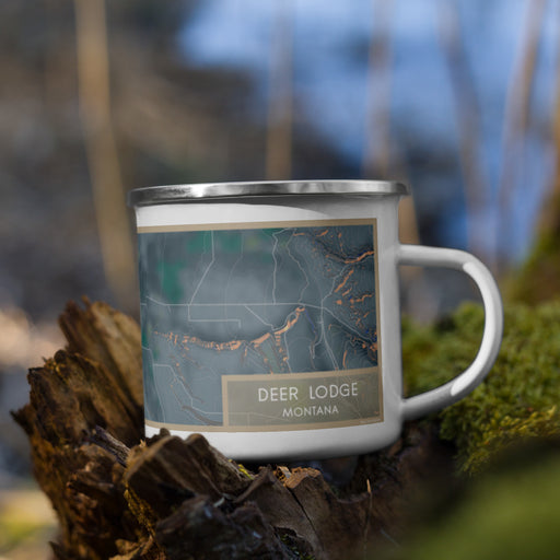 Right View Custom Deer Lodge Montana Map Enamel Mug in Afternoon on Grass With Trees in Background