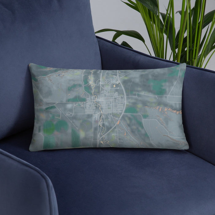 Custom Deer Lodge Montana Map Throw Pillow in Afternoon on Blue Colored Chair